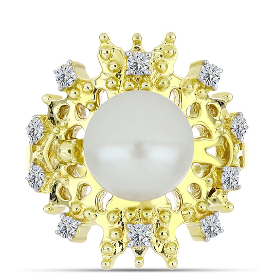 Anel de Prata com Banho de Ouro com Pérola Branca de Água Doce e Topázio Branco Contraste: Cabeca de Veado (800)