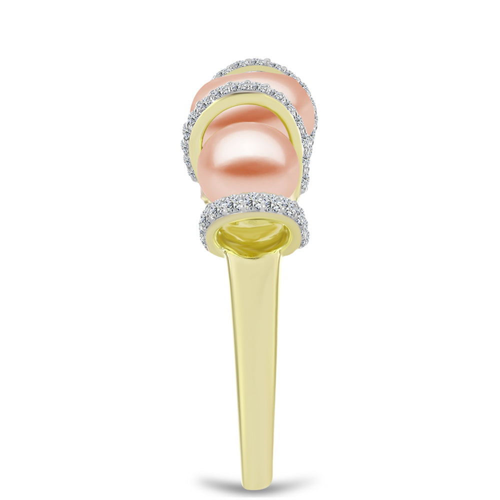 Anel de Prata com Banho de Ouro com Pérola de Água Doce Cor Pêssego e Topázio Branco Contraste: Cabeca de Veado (800)