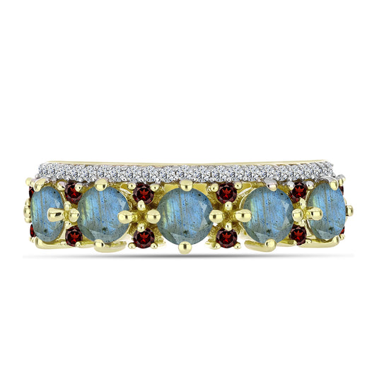 Anel de Prata com Banho de Ouro com Labradorite e Granada de Barton Contraste: Cabeca de Veado (800)