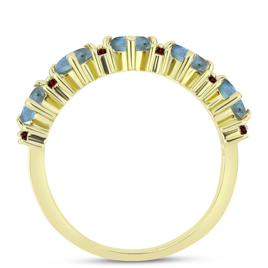 Anel de Prata com Banho de Ouro com Labradorite e Granada de Barton Contraste: Cabeca de Veado (800)
