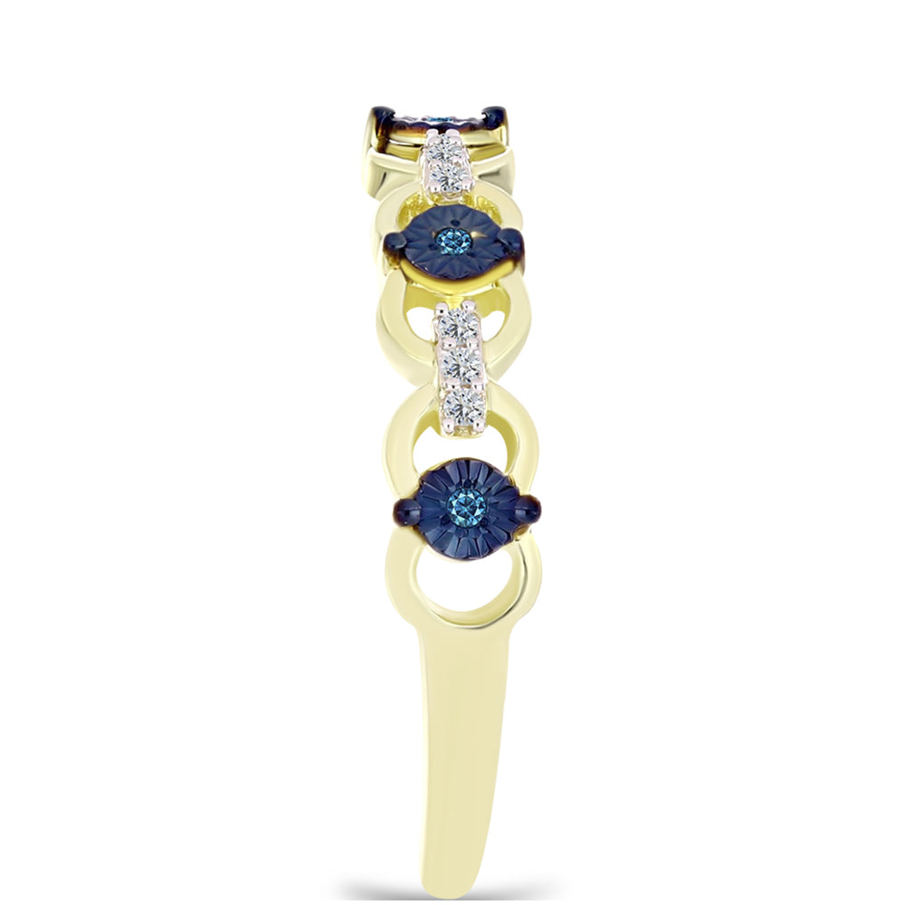Anel de Prata com Banho de Ouro com Diamante Azul e Topázio Branco