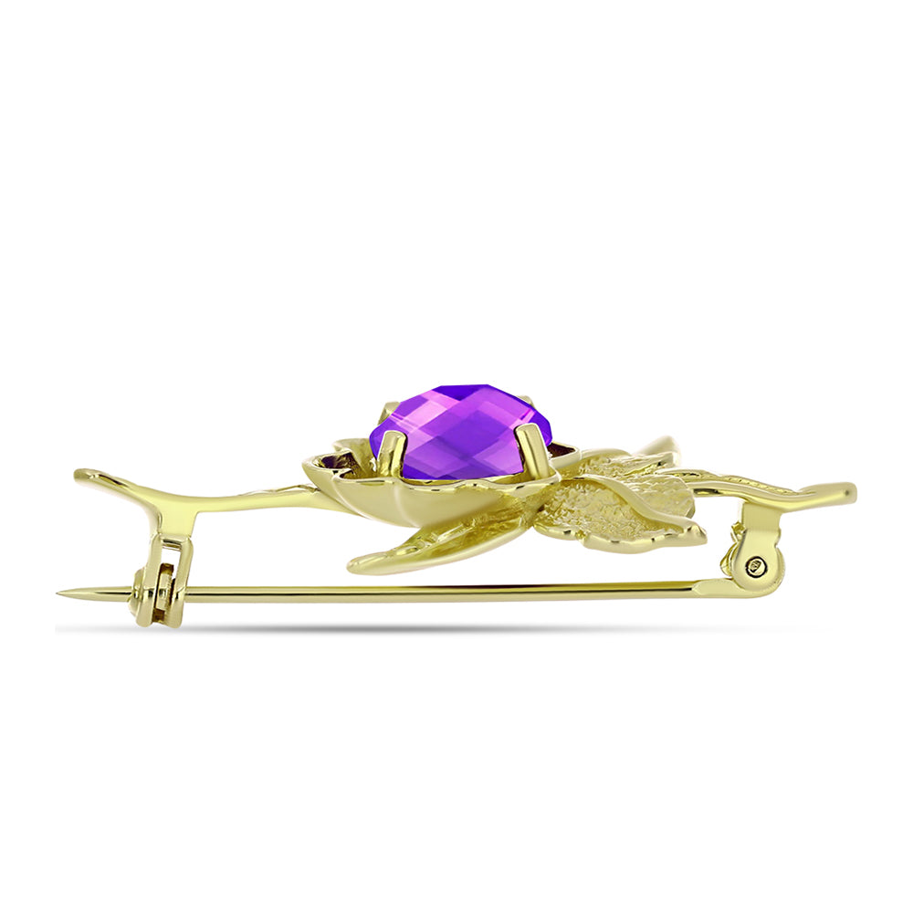 Alfinete de Prata com Banho de Ouro com Ágata Roxa Contraste: Cabeca de Veado (800)