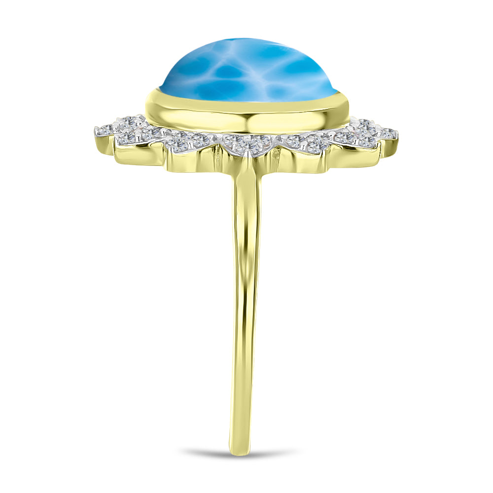 Anel de Prata com Banho de Ouro com Larimar e Topázio Branco Contraste: Cabeca de Veado (800)