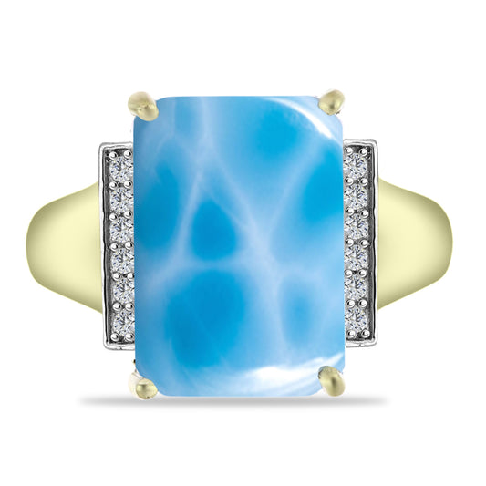 Anel de Prata com Banho de Ouro com Larimar e Topázio Branco Contraste: Cabeca de Veado (800)