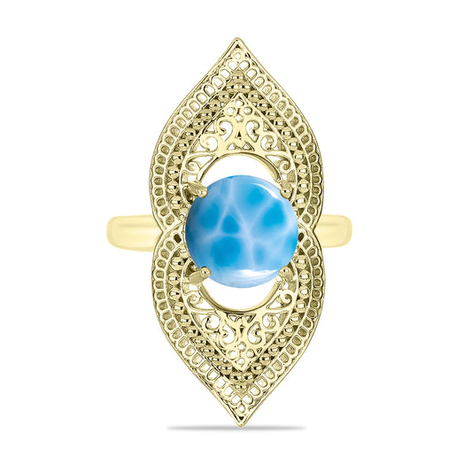 Anel de Prata com Banho de Ouro com Larimar Contraste: Cabeca de Veado (800)
