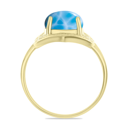 Anel de Prata com Banho de Ouro com Larimar Contraste: Cabeca de Veado (800)
