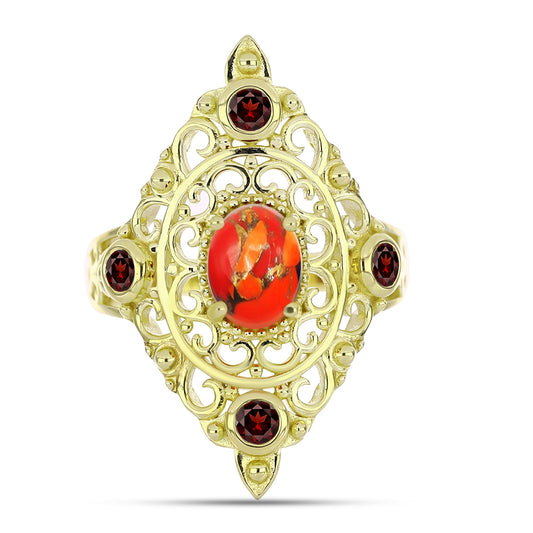Anel de Prata com Banho de Ouro com Turquesa de Mohave e Granada de Barton Contraste: Cabeca de Veado (800)