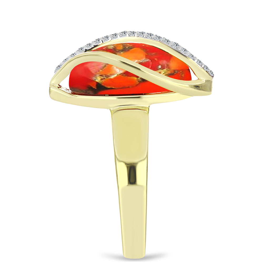Anel de Prata com Banho de Ouro com Turquesa de Mohave e Topázio Branco Contraste: Cabeca de Veado (800)