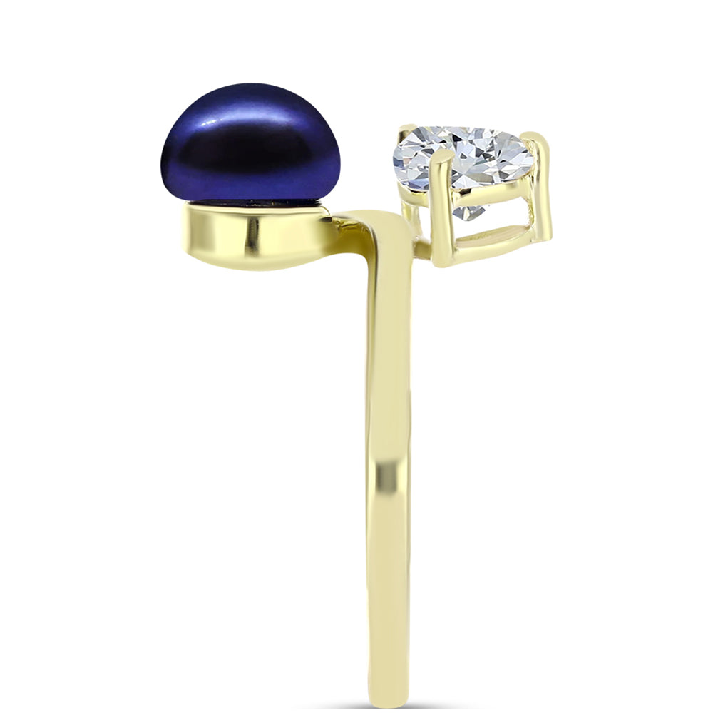 Anel de Prata com Banho de Ouro com Pérola Preta de Água Doce e Topázio Branco Contraste: Cabeca de Veado (800)