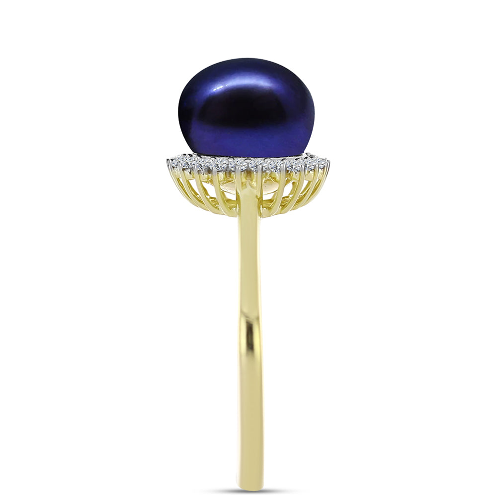 Anel de Prata com Banho de Ouro com Pérola Preta de Água Doce e Topázio Branco