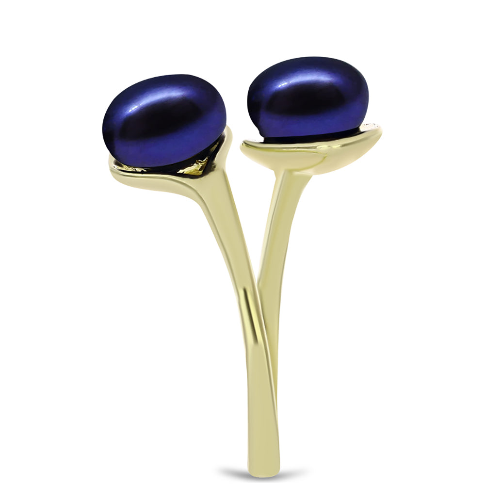Anel de Prata com Banho de Ouro com Pérola Preta de Água Doce Contraste: Cabeca de Veado (800)