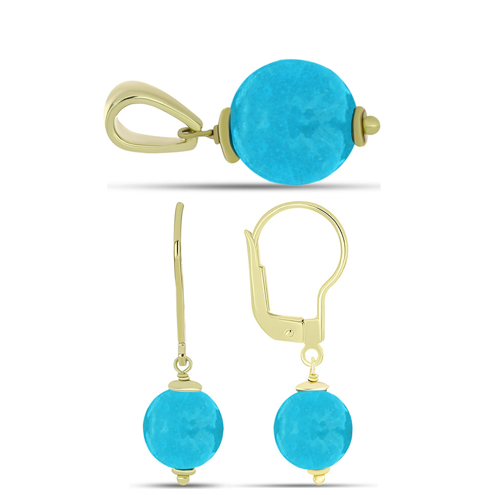 Conjunto de Prata com Banho de Ouro com Jade Azul ( Brincos+Pendente )