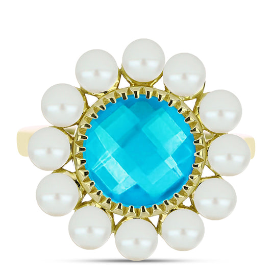 Anel de Prata com Banho de Ouro com Jade Azul e Pérola Branca de Água Doce Contraste: Cabeca de Veado (800)