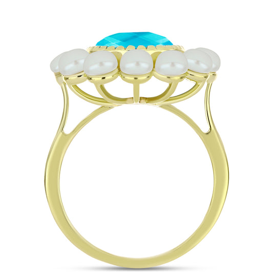 Anel de Prata com Banho de Ouro com Jade Azul e Pérola Branca de Água Doce Contraste: Cabeca de Veado (800)