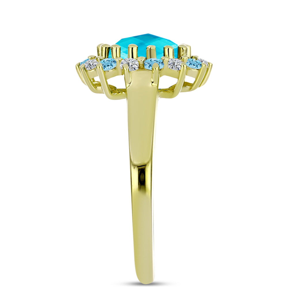 Anel de Prata com Banho de Ouro com Jade Azul Contraste: Cabeca de Veado (800)