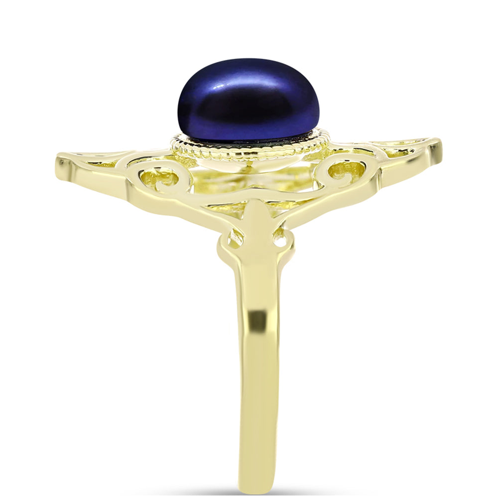 Anel de Prata com Banho de Ouro com Pérola Preta de Água Doce Contraste: Cabeca de Veado (800)