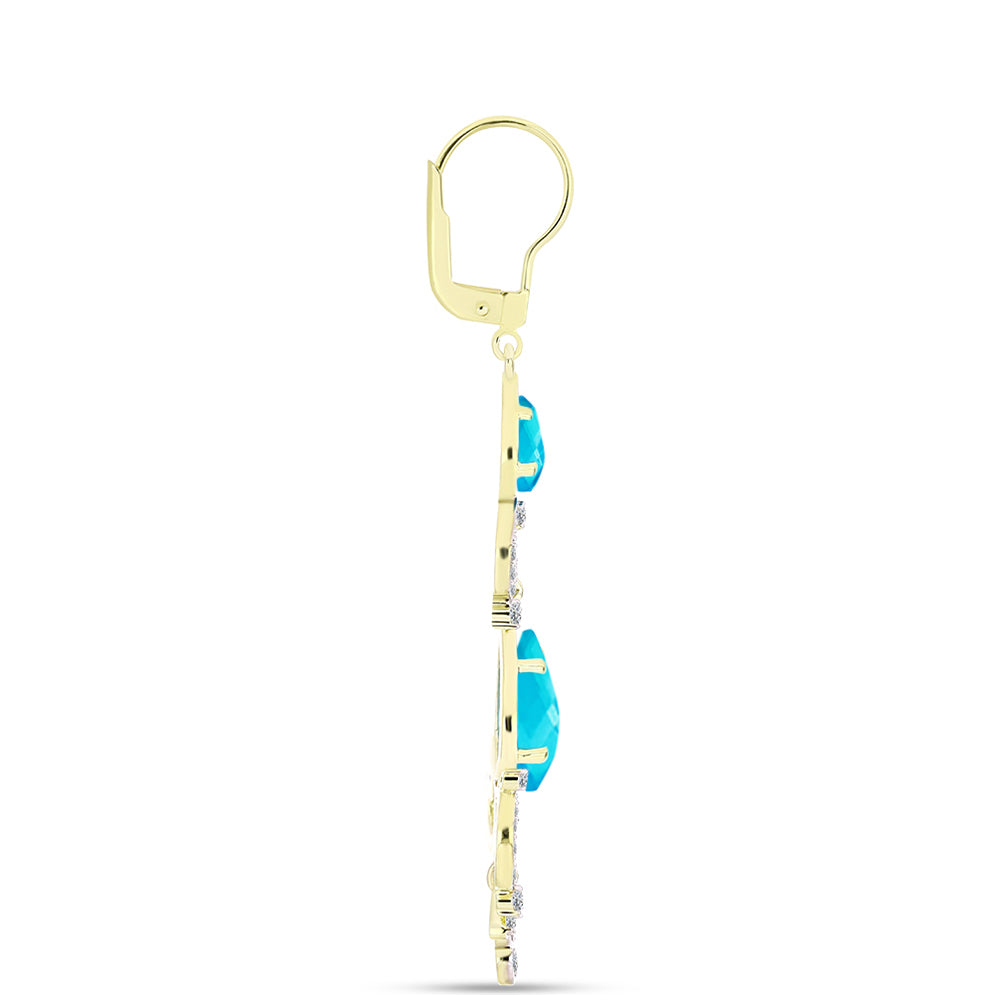 Brincos de Prata com Banho de Ouro com Jade Azul e Topázio Branco Contraste: Cabeca de Veado (800)