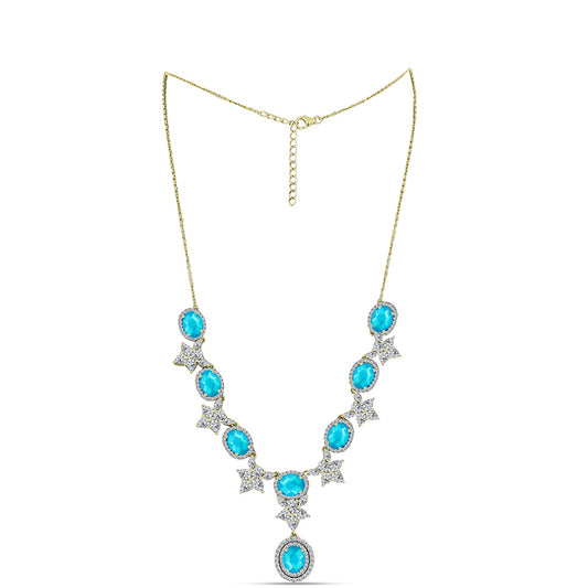 Colar de Prata com Banho de Ouro com Jade Azul e Topázio Branco Contraste: Cabeca de Veado (800)