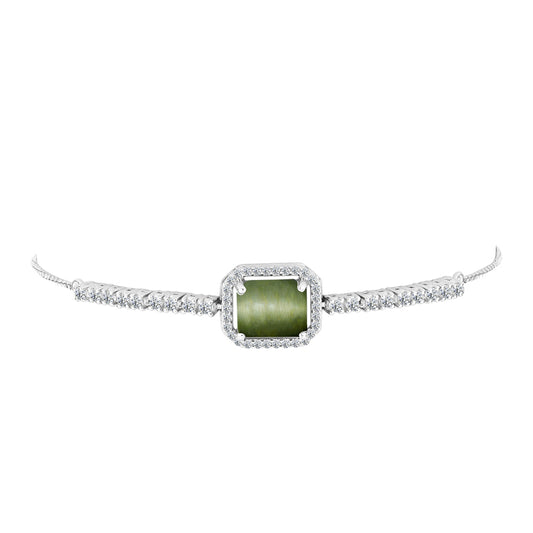 Pulseira de Prata com Olho de Gato Verde de Antananarivo e Topázio Branco Contraste: Cabeca de Veado (800)