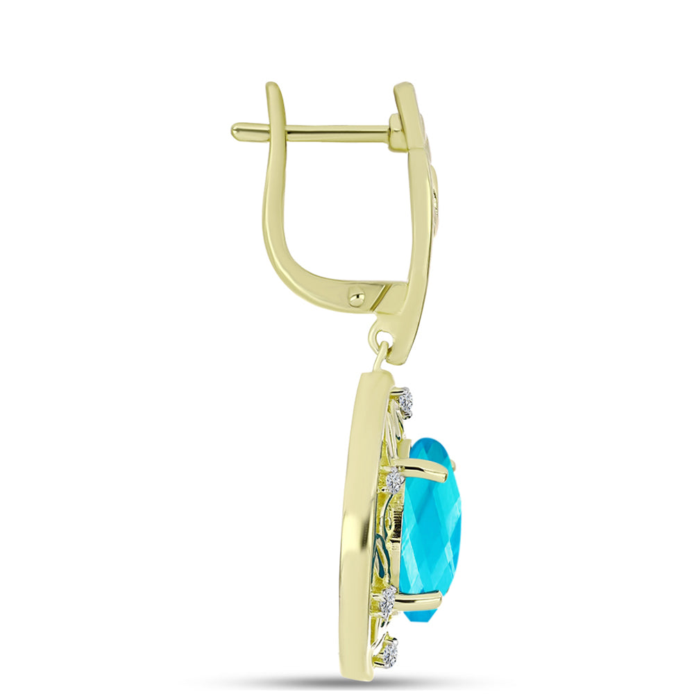 Brincos de Prata com Banho de Ouro com Jade Azul e Topázio Branco Contraste: Cabeca de Veado (800)