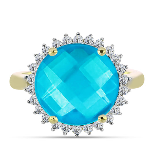 Anel de Prata com Banho de Ouro com Jade Azul e Topázio Branco Contraste: Cabeca de Veado (800)