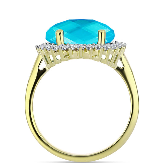 Anel de Prata com Banho de Ouro com Jade Azul e Topázio Branco Contraste: Cabeca de Veado (800)