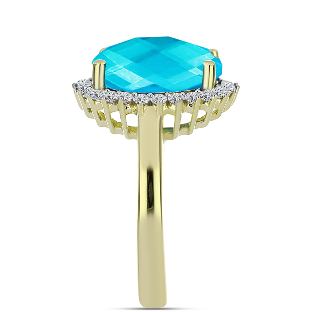 Anel de Prata com Banho de Ouro com Jade Azul e Topázio Branco Contraste: Cabeca de Veado (800)