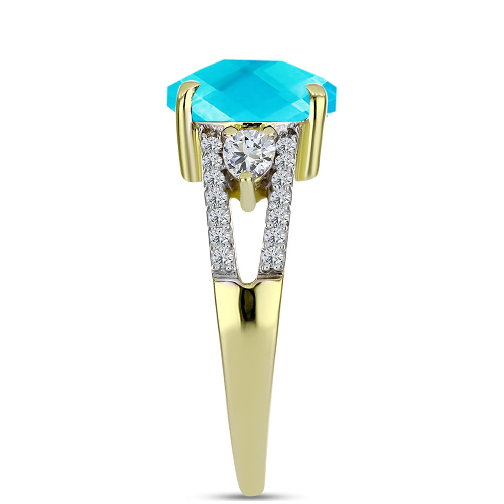 Anel de Prata com Banho de Ouro com Jade Azul e Topázio Branco