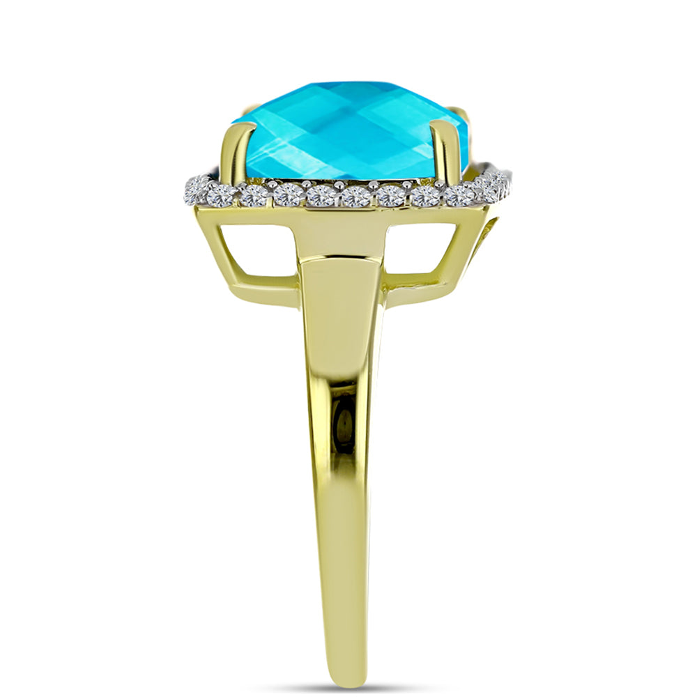 Anel de Prata com Banho de Ouro com Jade Azul e Topázio Branco Contraste: Cabeca de Veado (800)