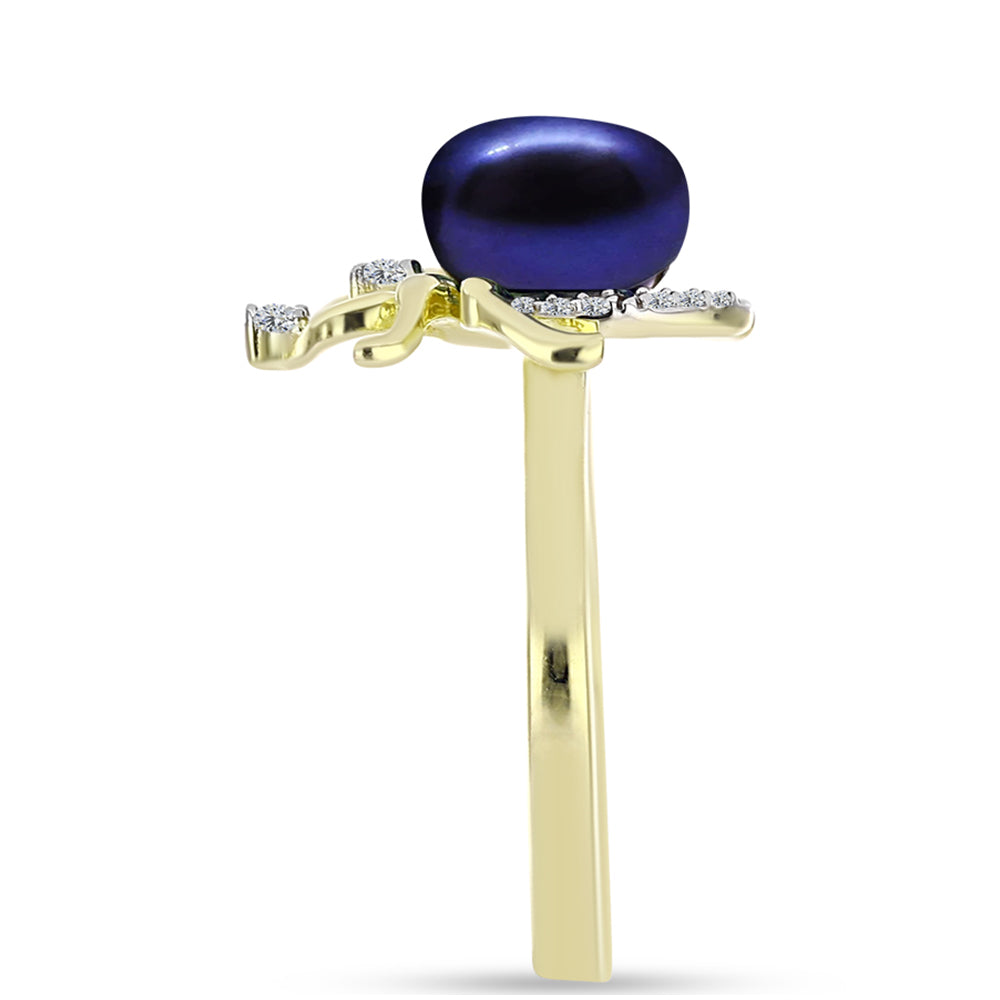Anel de Prata com Banho de Ouro com Pérola Preta de Água Doce e Topázio Branco Contraste: Cabeca de Veado (800)