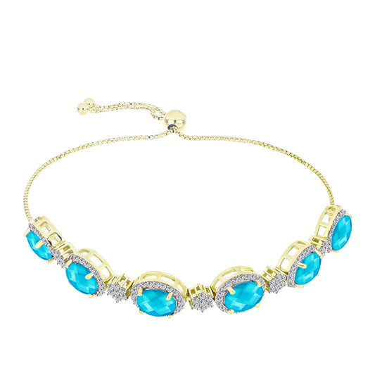 Pulseira de Prata com Banho de Ouro com Jade Azul e Topázio Branco Contraste: Cabeca de Veado (800)