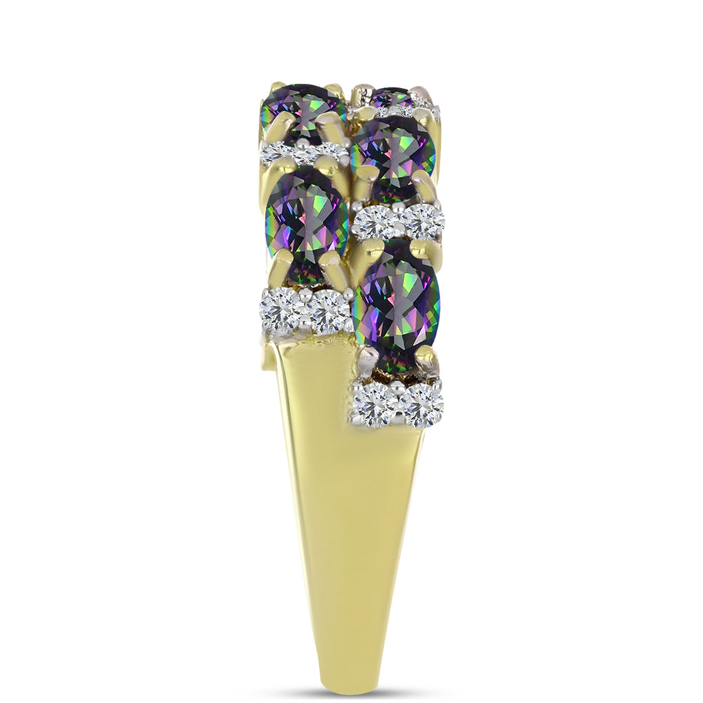 Anel de Prata com Banho de Ouro com Quartzo Hematita Verde Místico e Topázio Branco Contraste: Cabeca de Veado (800)