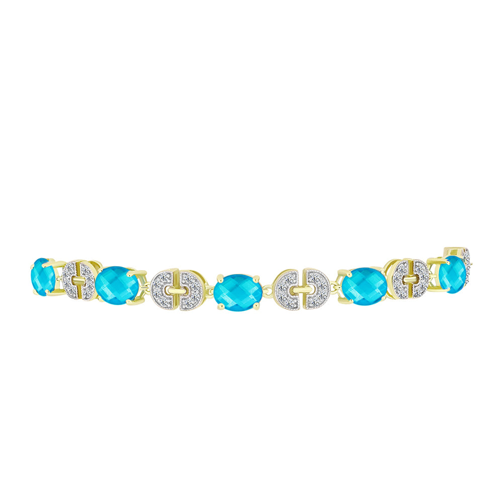 Pulseira de Prata com Banho de Ouro com Jade Azul e Topázio Branco Contraste: Cabeca de Veado (800)