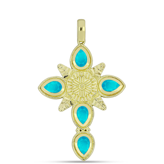 Cruz Pendente de Prata com Banho de Ouro com Jade Azul Contraste: Cabeca de Veado (800)