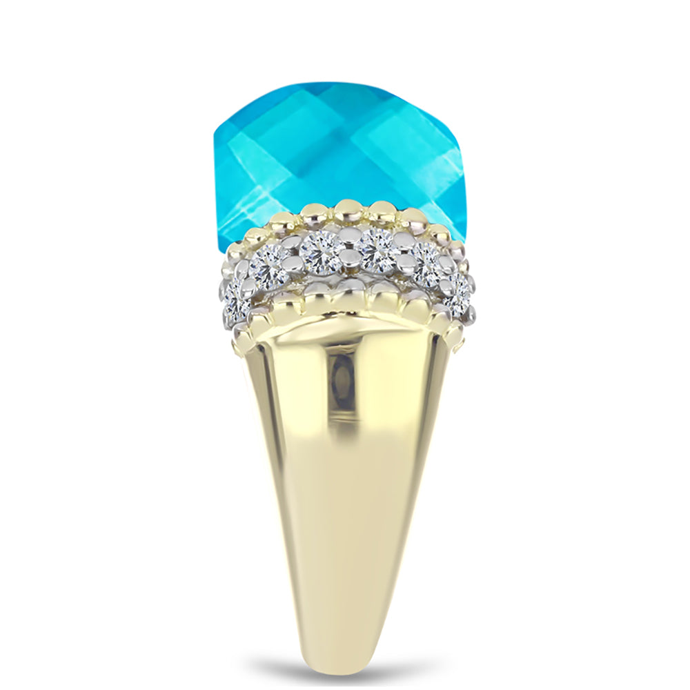 Anel de Prata com Banho de Ouro com Jade Azul e Topázio Branco Contraste: Cabeca de Veado (800)