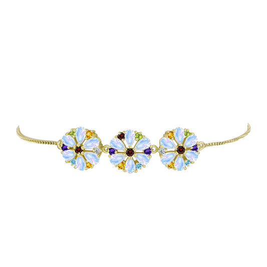 Pulseira de Prata com Banho de Ouro com Pedra da Lua Arco-íris e Ametista de Marrocos Contraste: Cabeca de Veado (800)
