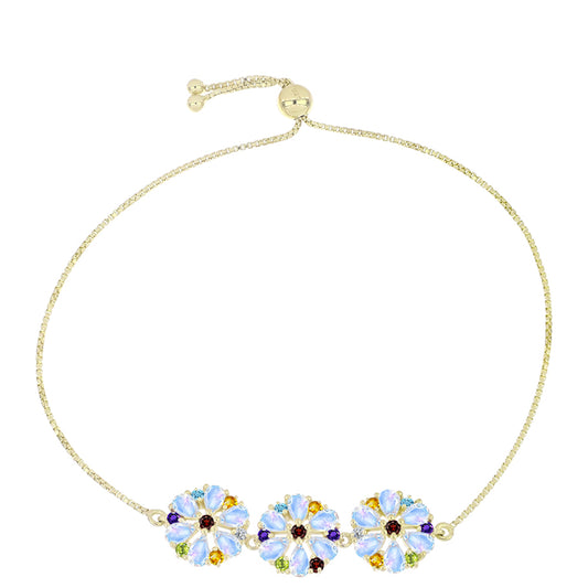 Pulseira de Prata com Banho de Ouro com Pedra da Lua Arco-íris e Ametista de Marrocos Contraste: Cabeca de Veado (800)