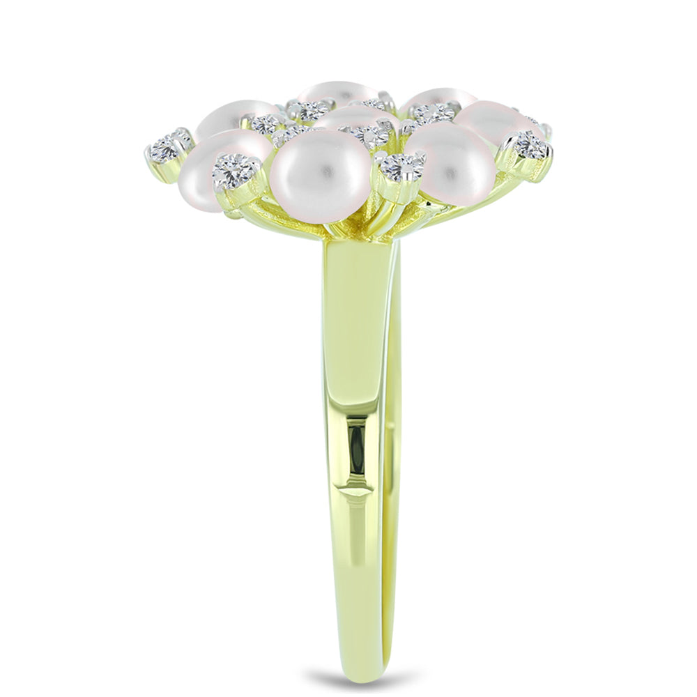 Anel de Prata com Banho de Ouro com Pérola Branca de Água Doce e Topázio Branco Contraste: Cabeca de Veado (800)