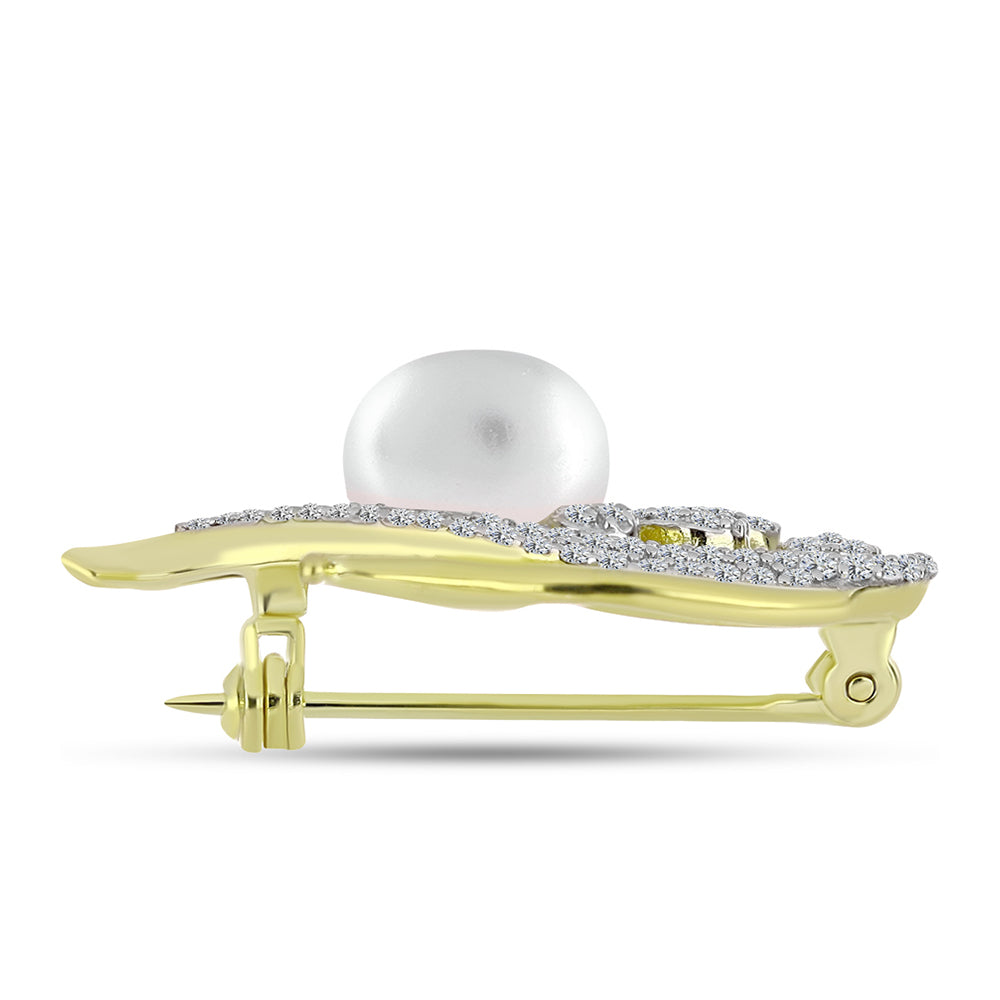 Alfinete de Prata com Banho de Ouro com Pérola Branca de Água Doce e Topázio Branco Contraste: Cabeca de Veado (800)