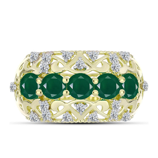 Anel de Prata com Banho de Ouro com Ágata Verde e Topázio Branco Contraste: Cabeca de Veado (800)