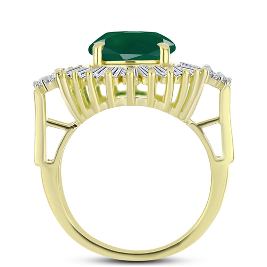Anel de Prata com Banho de Ouro com Ágata Verde e Zircão Branco Contraste: Cabeca de Veado (800)