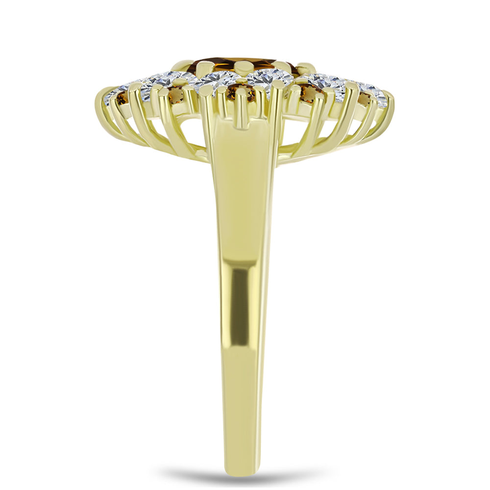 Anel de Prata com Banho de Ouro com Quartzo Cognac e Topázio Branco Contraste: Cabeca de Veado (800)