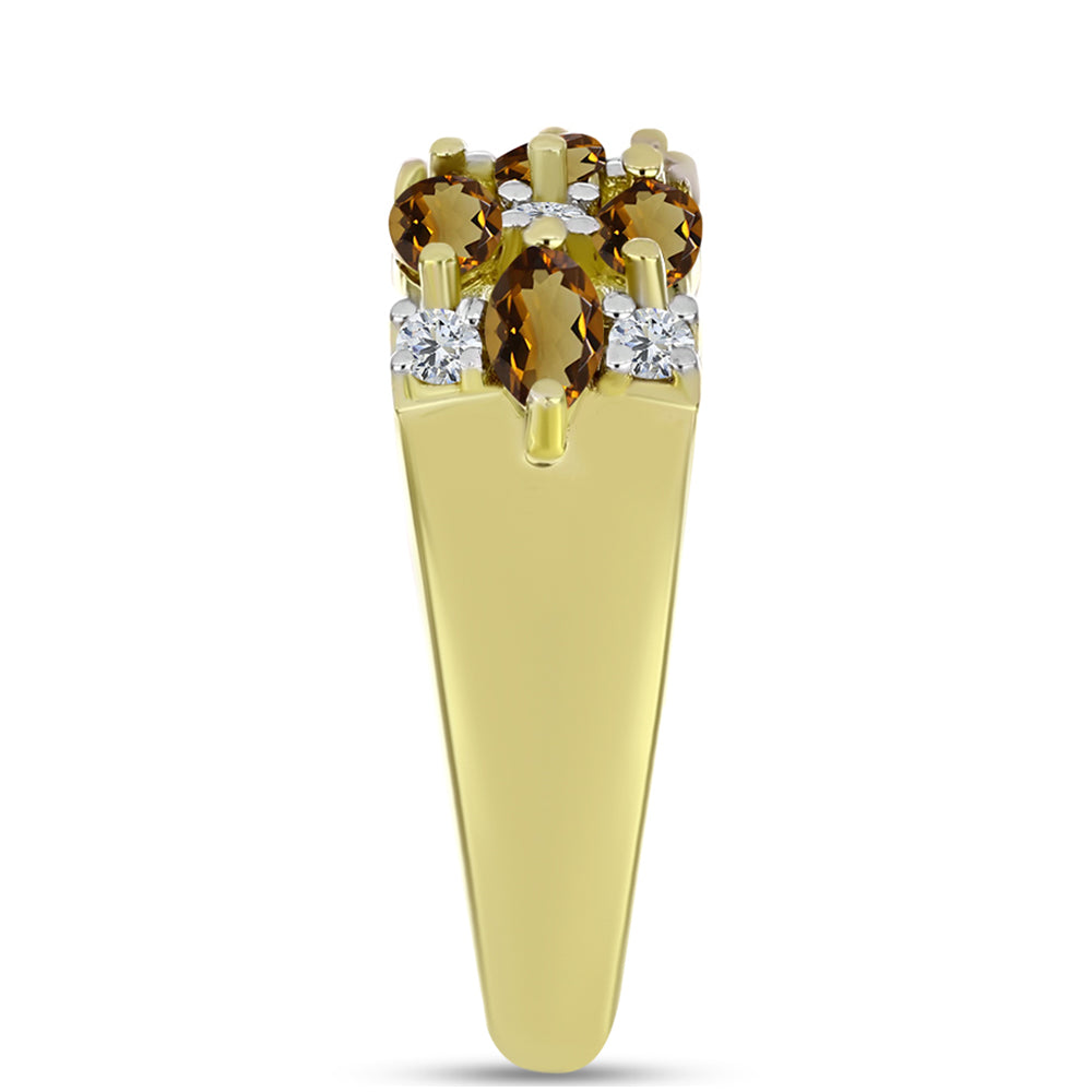 Anel de Prata com Banho de Ouro com Quartzo Cognac e Topázio Branco Contraste: Cabeca de Veado (800)