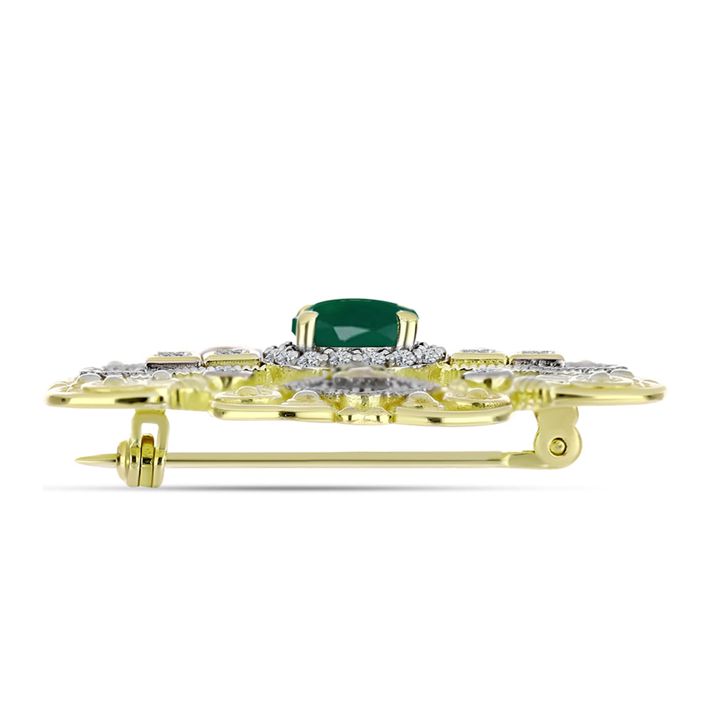 Alfinete de Prata com Banho de Ouro com Ágata Verde e Topázio Branco Contraste: Cabeca de Veado (800)