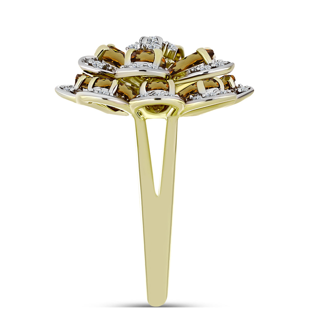 Anel de Prata com Banho de Ouro com Quartzo Cognac e Topázio Branco Contraste: Cabeca de Veado (800)