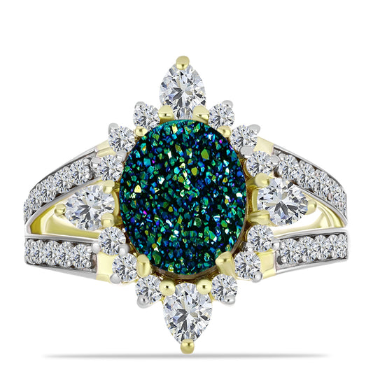 Anel de Prata com Banho de Ouro com Drusy Verde e Topázio Branco Contraste: Cabeca de Veado (800)