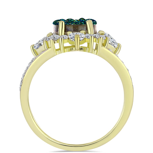 Anel de Prata com Banho de Ouro com Drusy Verde e Topázio Branco Contraste: Cabeca de Veado (800)