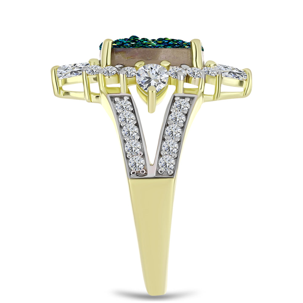 Anel de Prata com Banho de Ouro com Drusy Verde e Topázio Branco Contraste: Cabeca de Veado (800)