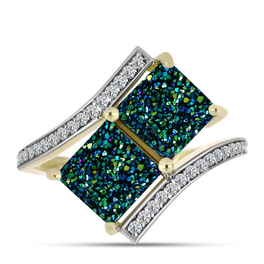 Anel de Prata com Banho de Ouro com Drusy Verde e Topázio Branco Contraste: Cabeca de Veado (800)