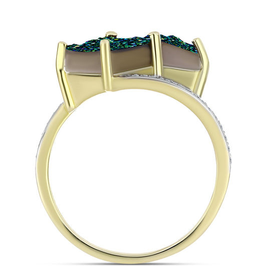 Anel de Prata com Banho de Ouro com Drusy Verde e Topázio Branco Contraste: Cabeca de Veado (800)